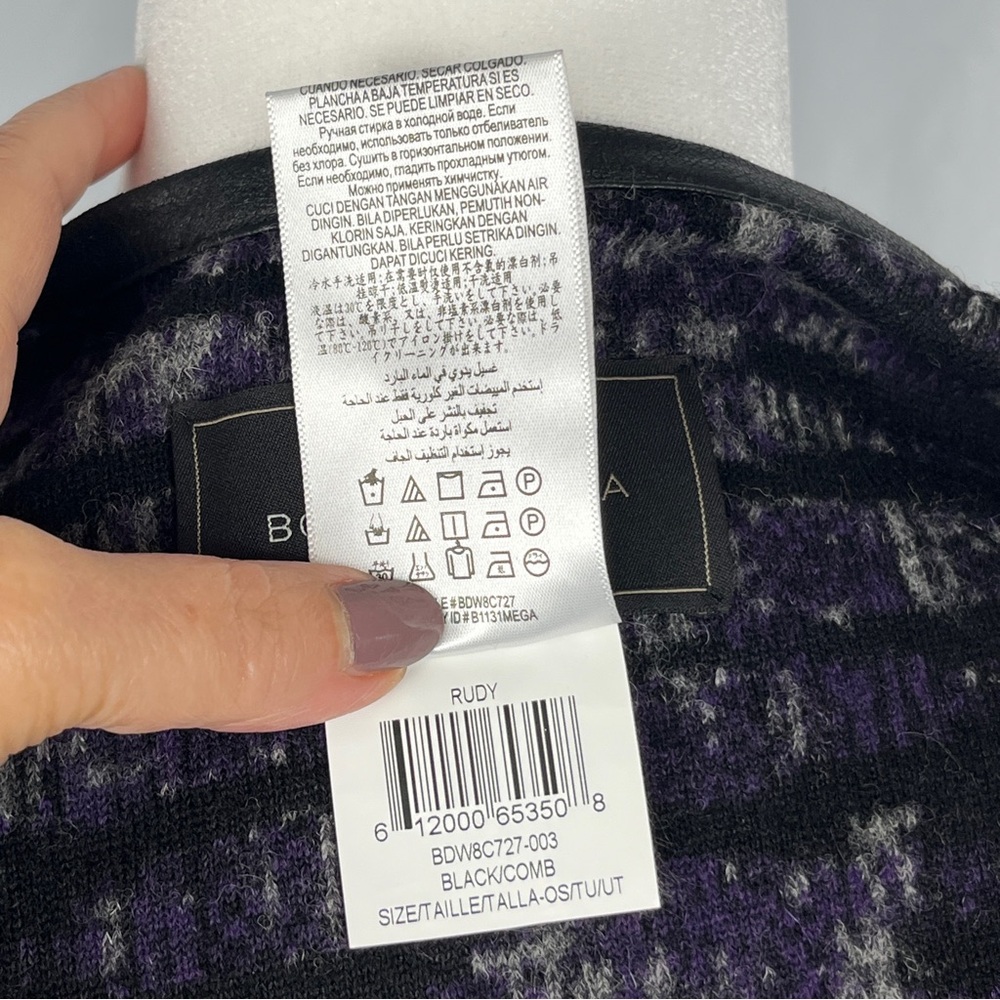 BCBG MAXAZRIA Cape Wrap Shawl Black Gray Purple W/Leather Trim Winter Travel OS - Picture 11 of 11